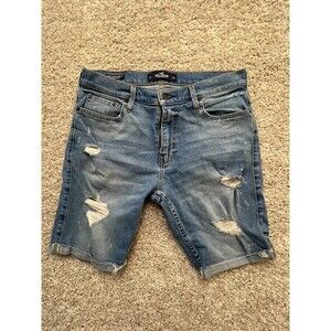 Hollister Mens Skinny Denim Shorts 32 Medium Wash Distressed Epic Flex 9 Inseam